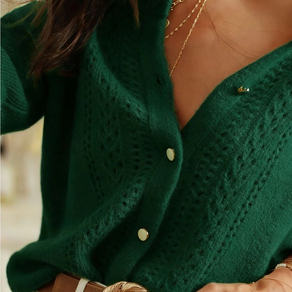 Green Round Neck Knit Cardigan - Picture 2 of 5